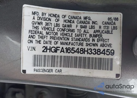 2008 Honda Civic Lx из США, поврежденный, VIN 2HGFA16548H338459